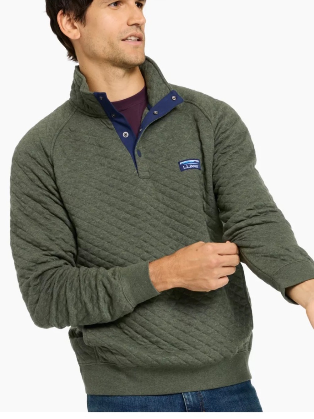 L.L. Bean Olive Quilted Zip-Stand Pullover with Navy Trim